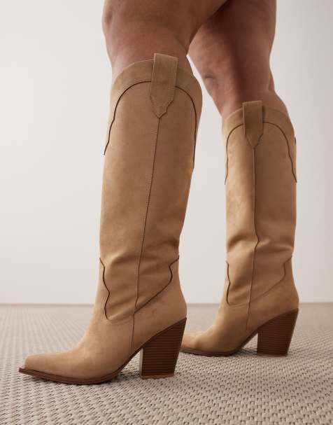 ASOS DESIGN Curve Claudette western knee boots in sand suedette - view 1