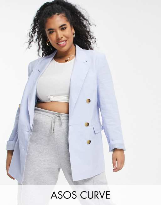 ASOS DESIGN Curve clean double breasted linen suit blazer in blue