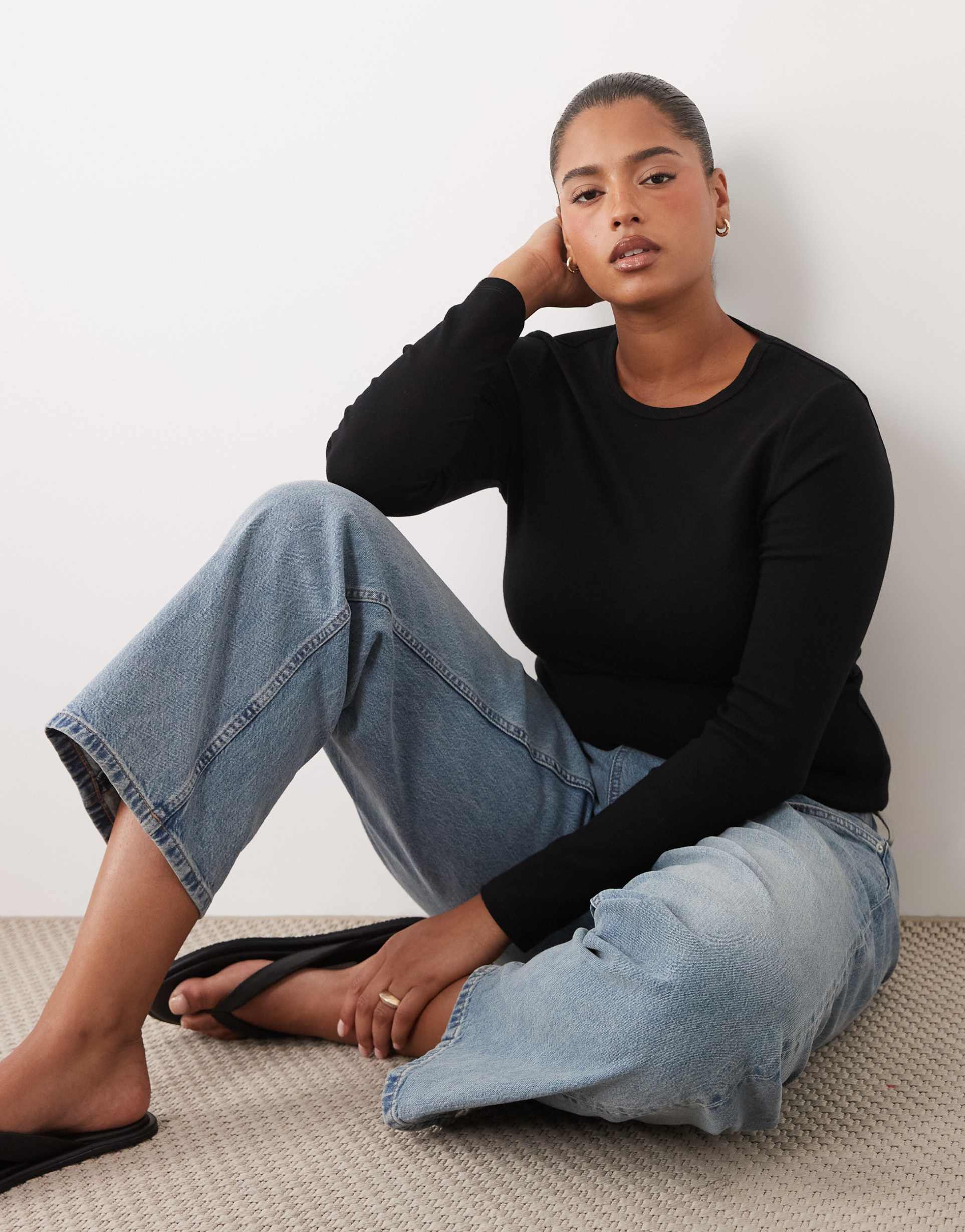 asos design curve clean fitted long sleeve top in black