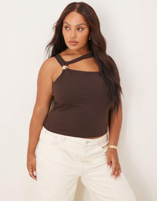ASOS DESIGN Curve clean hardware detail cut out bodysuit in chocolate