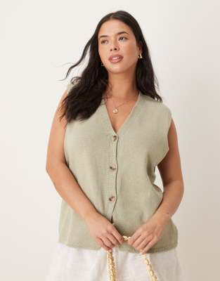 ASOS Curve ASOS DESIGN Curve clean knitted relaxed fit waistcoat in khaki-Green