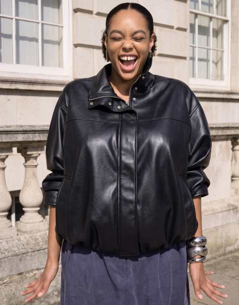 ASOS DESIGN Curve clean leather look funnel bomber jacket in black - view 1