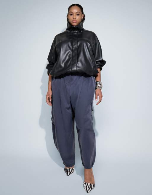 ASOS DESIGN Curve clean leather look funnel bomber jacket in black, 3 of 8