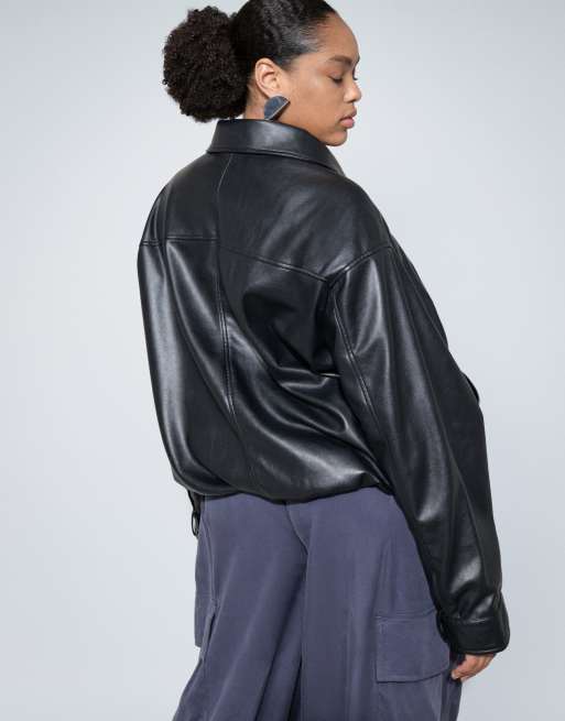 ASOS DESIGN Curve clean leather look funnel bomber jacket in black, 4 of 8