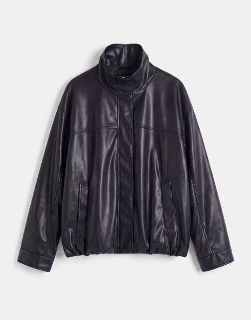 ASOS DESIGN Curve clean leather look funnel bomber jacket in black, 5 of 8