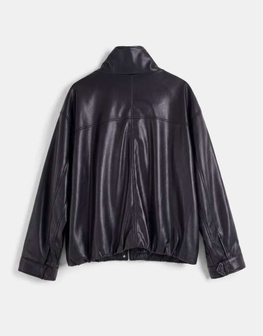 ASOS DESIGN Curve clean leather look funnel bomber jacket in black, 6 of 8