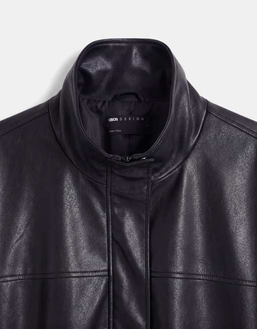 ASOS DESIGN Curve clean leather look funnel bomber jacket in black, 7 of 8