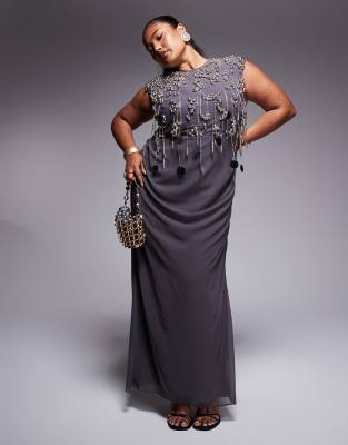 Asos Design Curve Cluster Embellished Bodice Maxi Dress With Draped Skirt In Charcoal-Grey