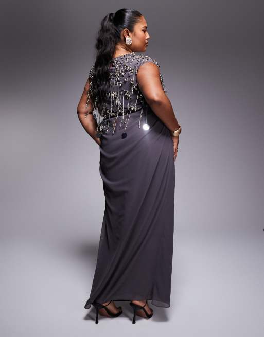 ASOS DESIGN Curve cluster embellished bodice maxi dress with draped skirt in charcoal, 2 of 4