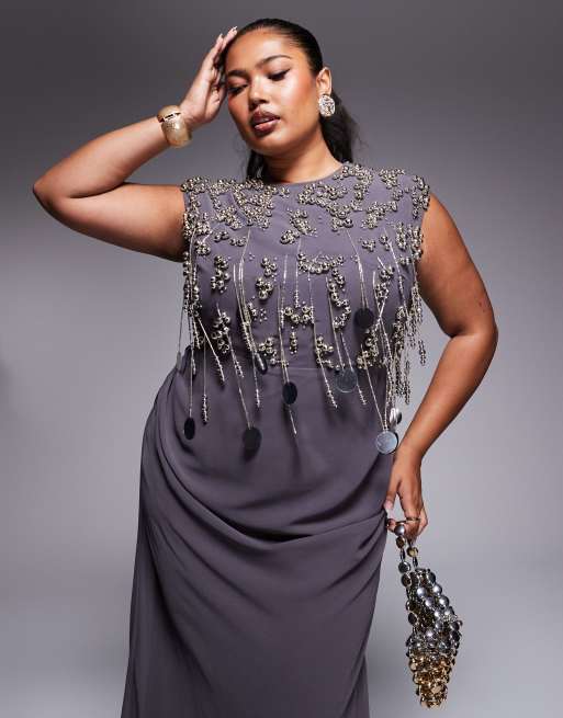 ASOS DESIGN Curve cluster embellished bodice maxi dress with draped skirt in charcoal, 4 of 4
