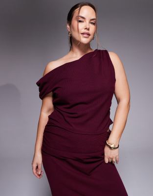 Asos Curve Asos Design Curve Co-ord Asymmetric Textured Rib Top In Burgundy