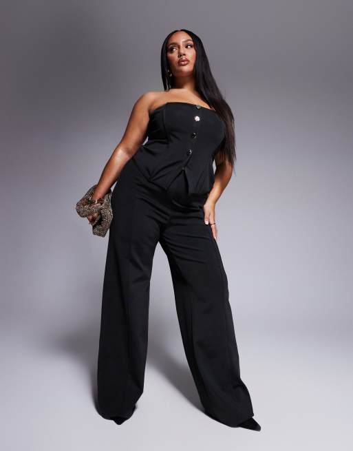 ASOS DESIGN Curve co-ord bandage bandeau top with gold button detail in black, 3 of 4