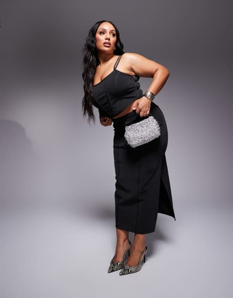 ASOS DESIGN Curve co-ord bandage corset cami top and midi skirt in black - view 1
