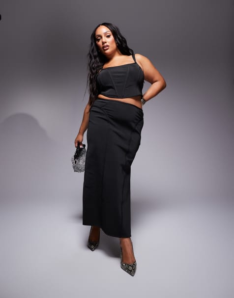 ASOS DESIGN Curve co-ord bandage midi skirt with seams in black - view 1