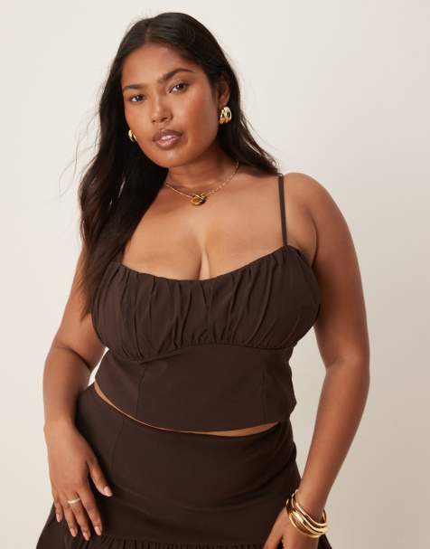 ASOS DESIGN Curve co-ord bengaline corset cami top with ruched bust detail in chocolate - view 1