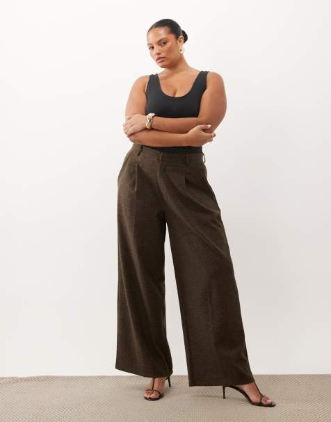 ASOS DESIGN Curve co-ord brushed wide leg trouser in brown herringbone - view 1