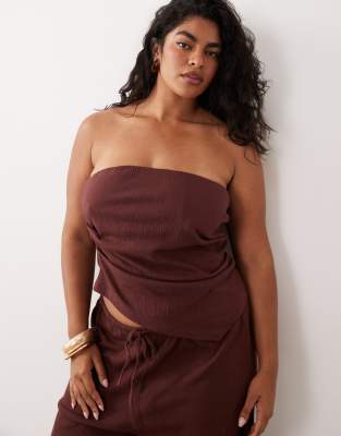 ASOS DESIGN Curve co-ord cotton crinkle asymmetric bandeau top in chocolate
