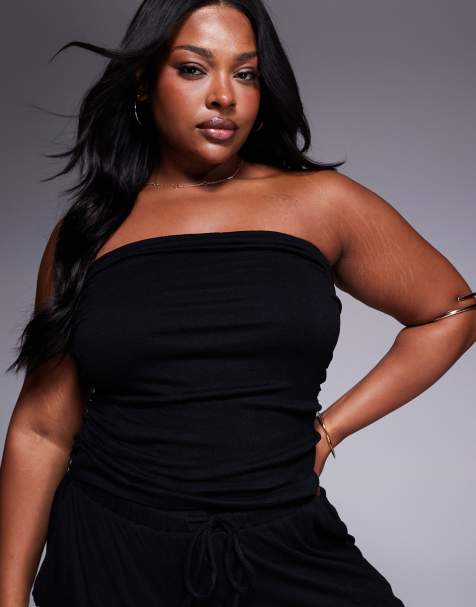 ASOS DESIGN Curve co-ord crinkle bandeau top in black - view 1