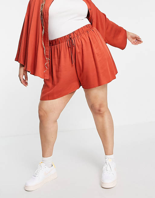  Curve co-ord drawstring high waisted flippy shorts in rust 