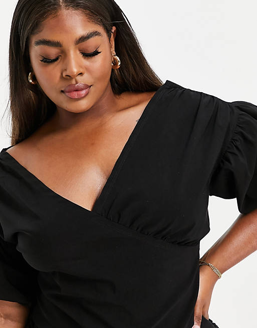 ASOS Asos Design Curve Co-ord Fallen Shoulder Top With Puff Sleeve in Black Womens Clothing Suits Skirt suits 