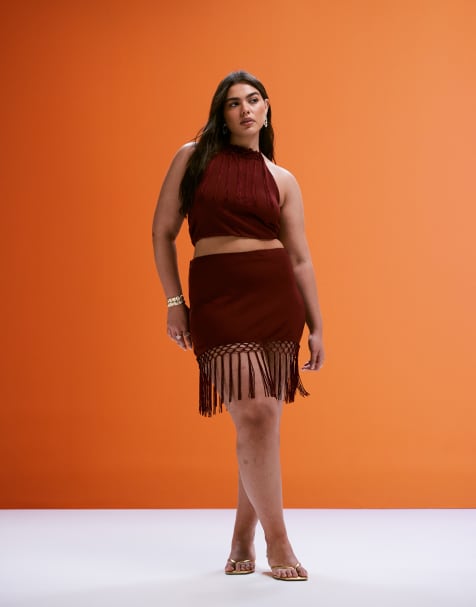 ASOS DESIGN Curve co-ord fringed halter neck top and mini skirt in rust - view 1
