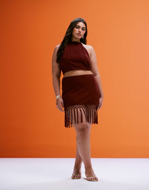 ASOS DESIGN Curve co-ord fringed hem mini skirt in rust - view 1