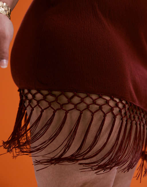 ASOS DESIGN Curve co-ord fringed hem mini skirt in rust, 3 of 5