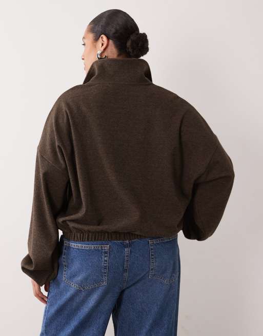 ASOS DESIGN Curve co-ord geborsteld windjack met halve rits in bruin visgraat, 4 van 4