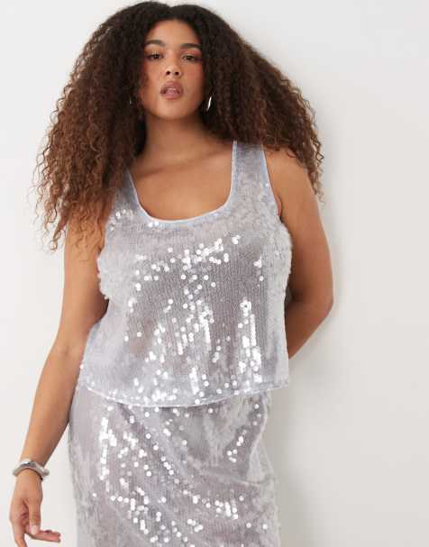 ASOS DESIGN Curve co-ord glass sequin scoop neck cropped cami in blue - view 1