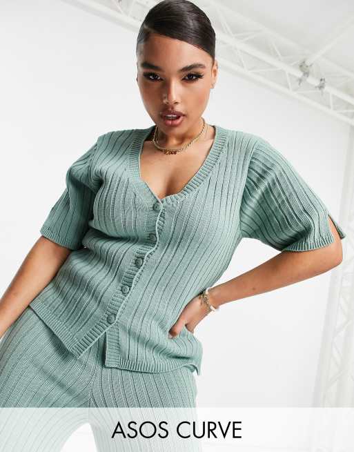 ASOS DESIGN Curve coord knitted rib cardigan light green ASOS