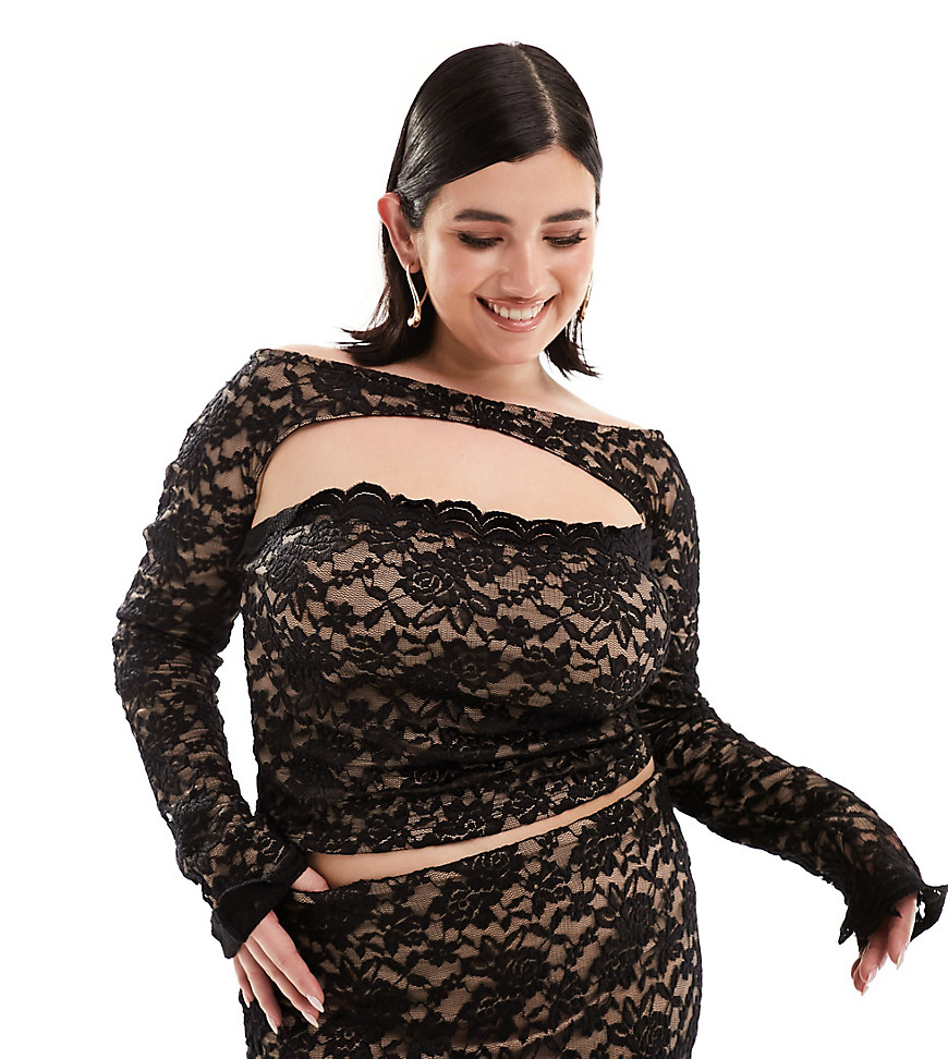 ASOS DESIGN Curve co-ord lace bandeau top with shrug in black