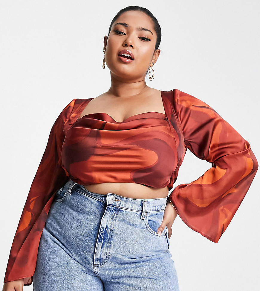 Plus-size top by ASOS LUXE Love at first scroll Cowl neck Volume sleeves Tie back Cropped length Slim fit