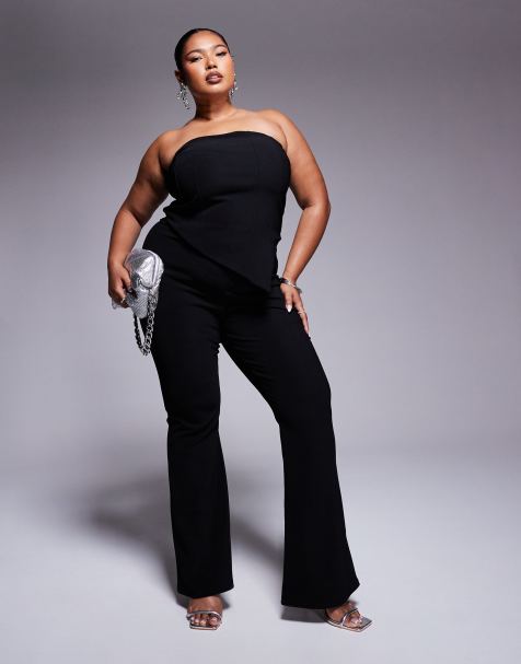 ASOS DESIGN Curve co-ord ribbed bandeau top and trousers in black - view 1