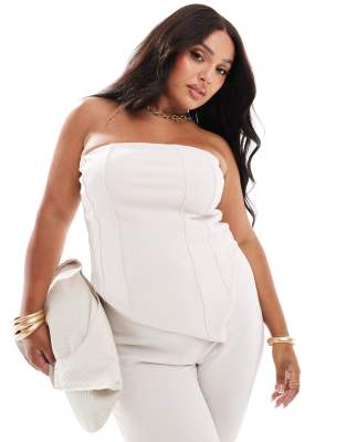 ASOS DESIGN Curve co-ord ribbed corset bandeau top in cream-White φωτογραφία