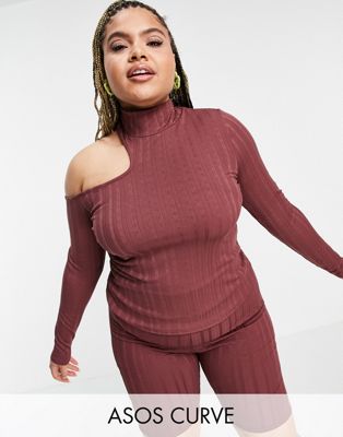 ASOS DESIGN Curve co-ord ribbed long sleeve top with asymmetric cut out shoulder - ASOS Price Checker