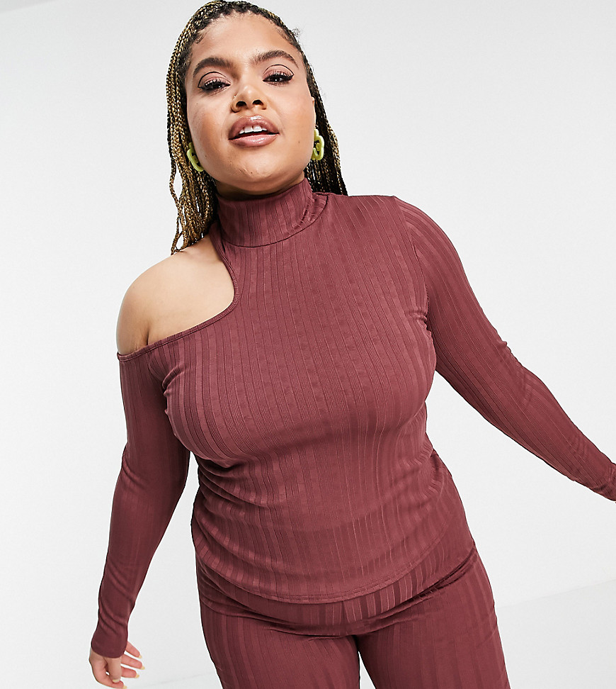 Asos Design Curve Co-Ord Ribbed Long Sleeve Top With Asymmetric Cut Out Shoulder-Orange