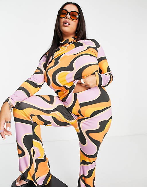 Women Curve co-ord roll neck top with long sleeves in swirl print 