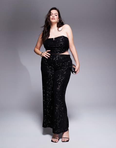 ASOS DESIGN Curve co-ord ruched sequin bandeau top and wide leg trousers in black - view 1
