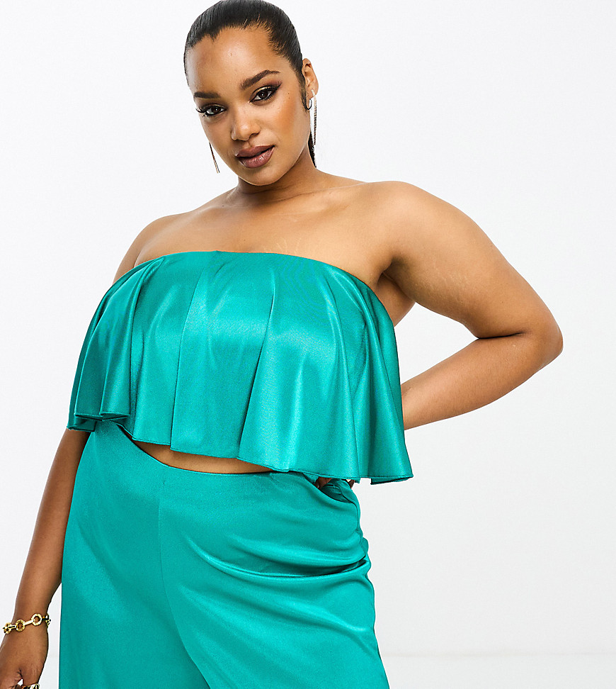 ASOS DESIGN Curve co-ord satin twill floaty bandeau top in teal-Blue