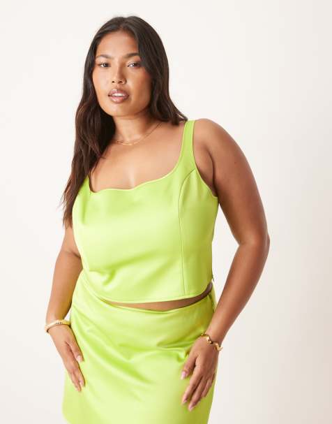 ASOS DESIGN Curve co-ord satin wide square neck cami top in lime green - view 1