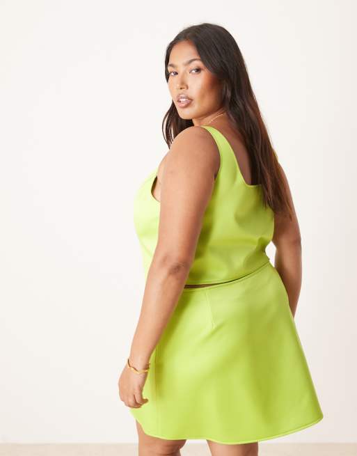 ASOS DESIGN Curve co-ord satin wide square neck cami top in lime green, 2 of 4