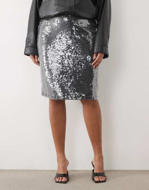 ASOS DESIGN Curve co-ord sequin pencil midi skirt in gunmetal, 2 of 5