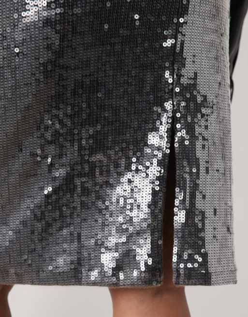 ASOS DESIGN Curve co-ord set midi kokerrok met lovertjes in gunmetal, 4 van 5
