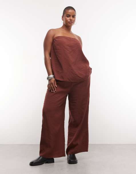 ASOS DESIGN Curve - Co-ord set van broek met wijde pijpen, split en elastische taille en bandeau-top in chocoladebruin - view 1