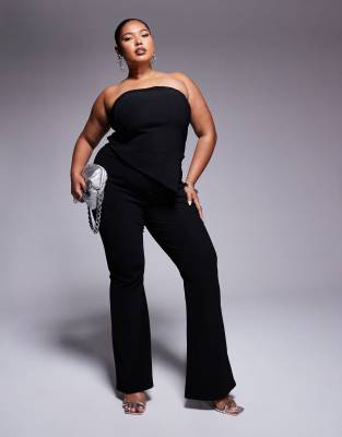 ASOS DESIGN Curve - Co-ord set van geribbelde bandeautop en broek in zwart