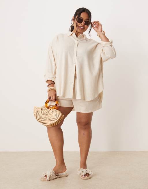 ASOS DESIGN Curve - Co-ord set van linnenmix met overhemd en shorts in beige