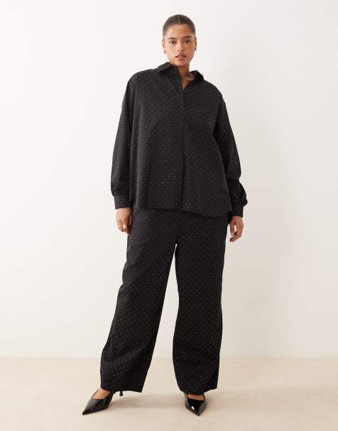ASOS DESIGN Curve - Co-ord set van oversized overhemd en broek met hotfix in zwart - view 1