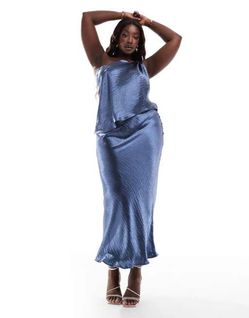 ASOS DESIGN Curve - Co-ord set van satijn van asymmetrisch gedraaide top en maxi rok in petrolblauw