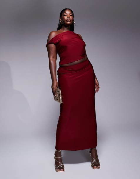 ASOS DESIGN Curve co-ord slinky maxi skirt in burgundy - view 1