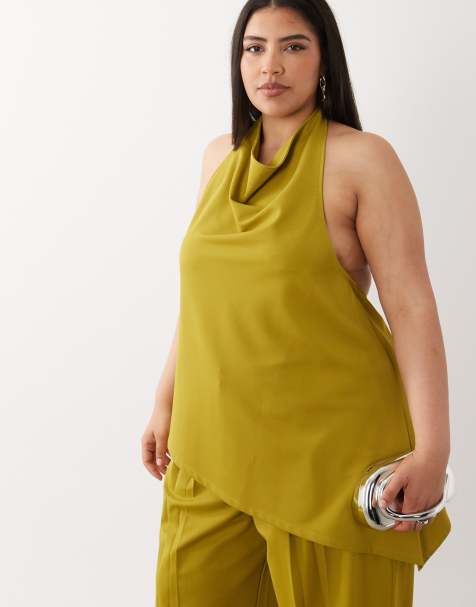 ASOS DESIGN Curve co-ord slinky twill longline cami top with asymmetric hem in green - view 1